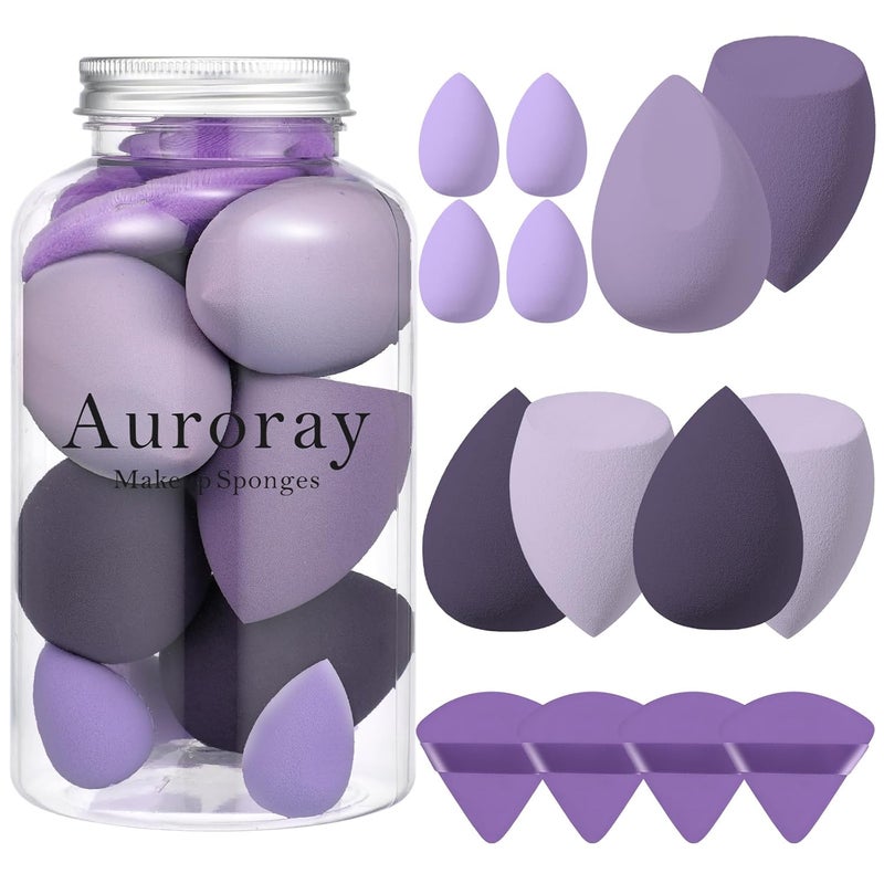 AuraRay 14 Pcs Makeup Sponge Set, Beauty Sponges Blender with 4 Pcs Powder Puff and 4 Pcs Mini Make up Sponges for Liquid,Foundation,Powder,Concealer,Cream (Purple) - Image 1